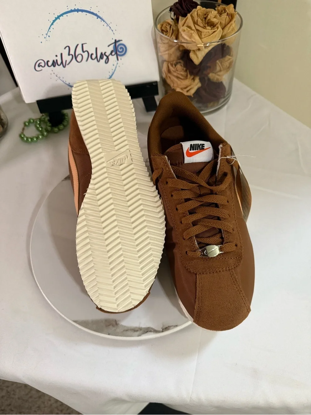 Nike Women’s Cortez Brown Sneakers with Peach Swoosh